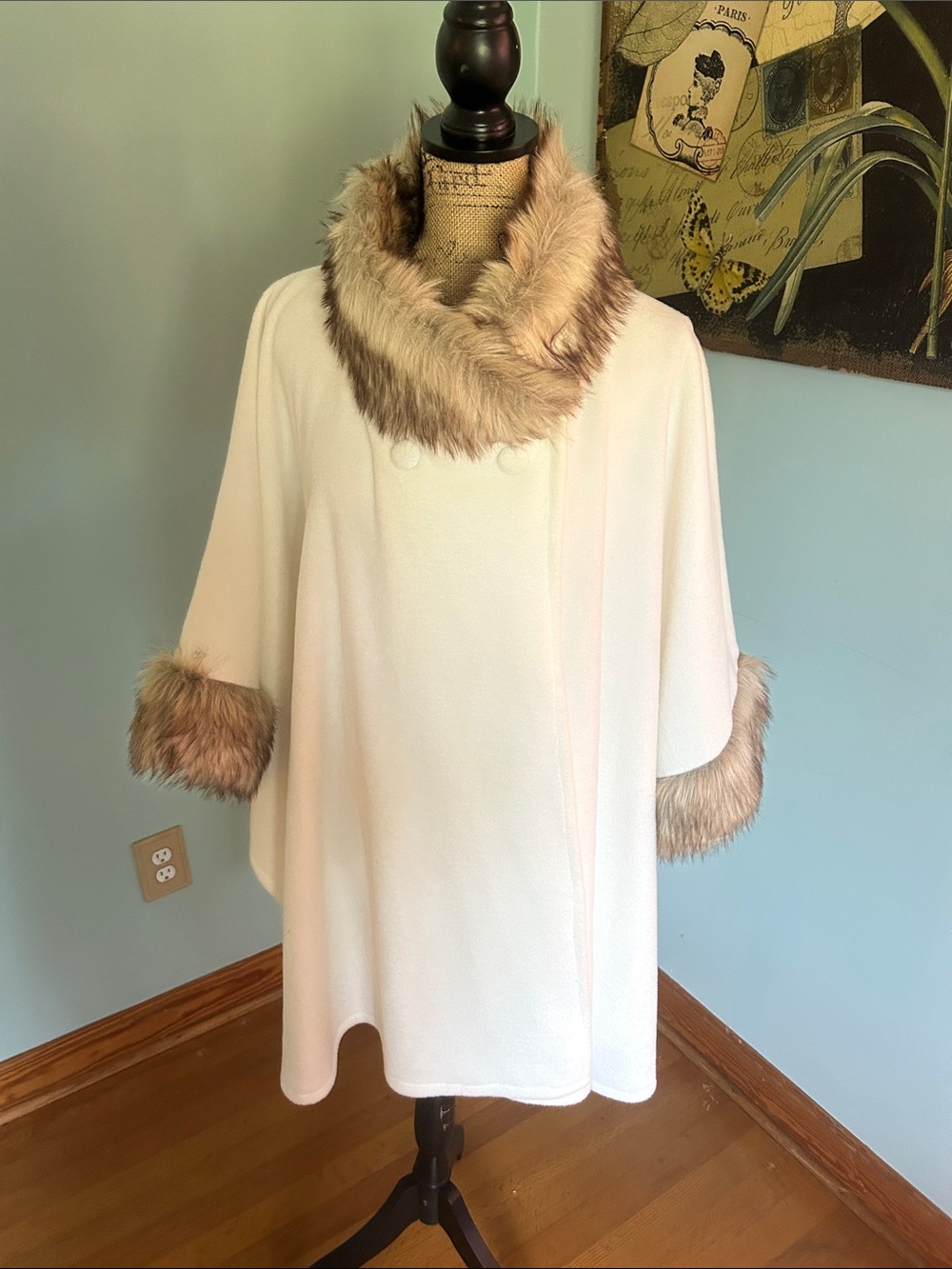 Essentials Cream Cape with Faux Fur Trim